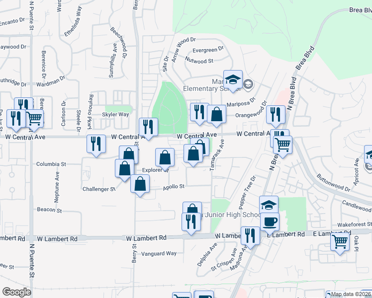map of restaurants, bars, coffee shops, grocery stores, and more near 753 Site Drive in Brea