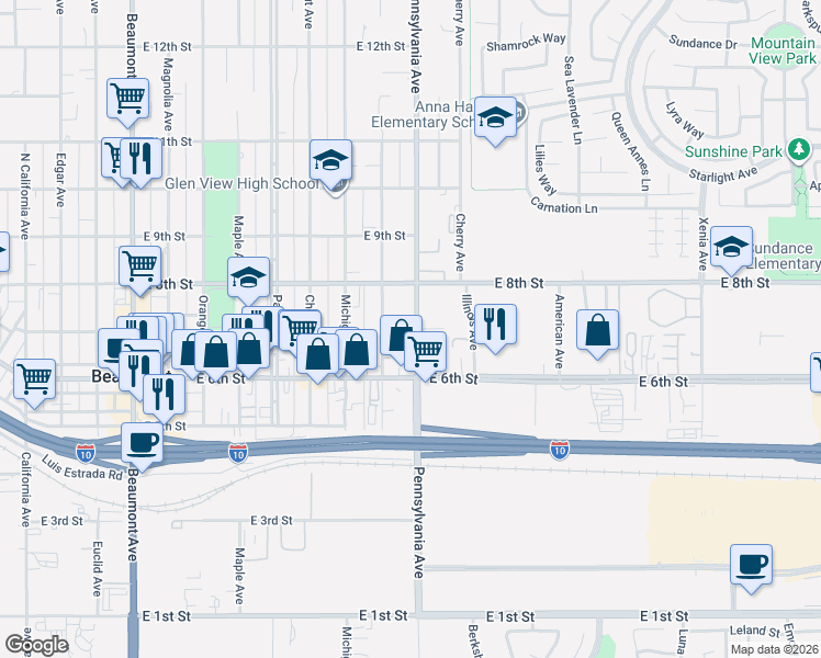 map of restaurants, bars, coffee shops, grocery stores, and more near 701 Pennsylvania Avenue in Beaumont