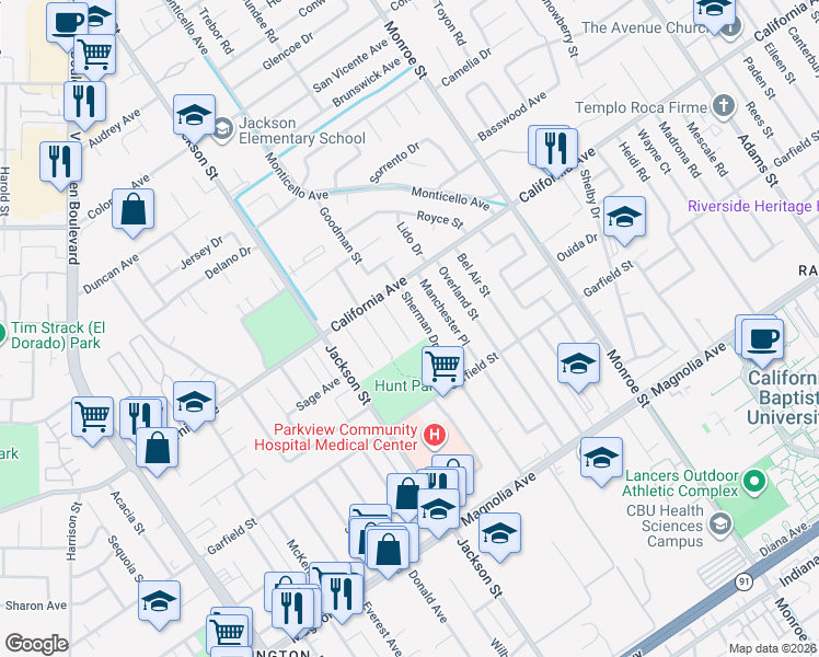 map of restaurants, bars, coffee shops, grocery stores, and more near 4152 Sherman Drive in Riverside