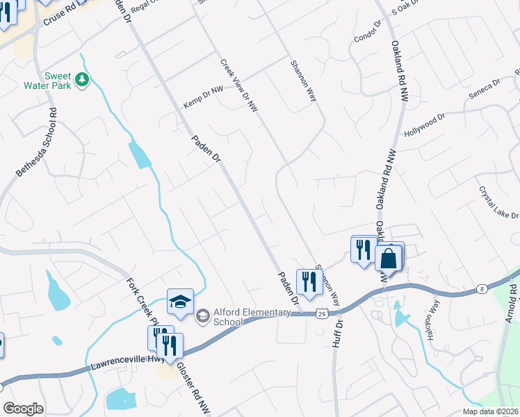 map of restaurants, bars, coffee shops, grocery stores, and more near 468 Padens Valley Court in Lawrenceville