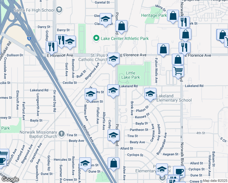 map of restaurants, bars, coffee shops, grocery stores, and more near 11768 Lakeland Road in Norwalk