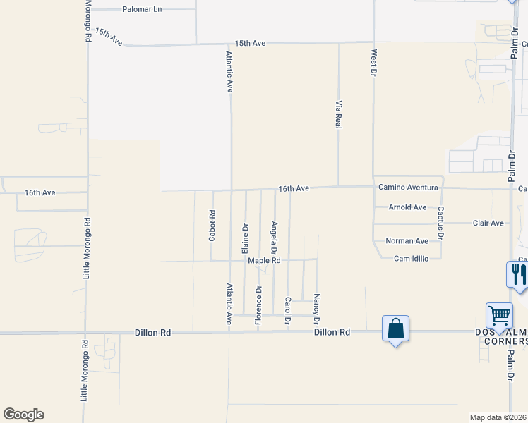map of restaurants, bars, coffee shops, grocery stores, and more near Florence Drive in Desert Hot Springs