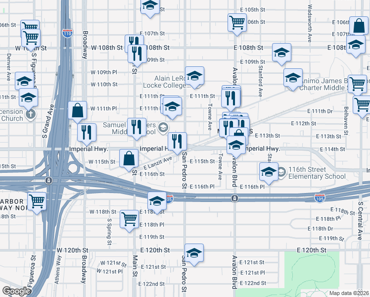 map of restaurants, bars, coffee shops, grocery stores, and more near 11513 San Pedro Street in Los Angeles