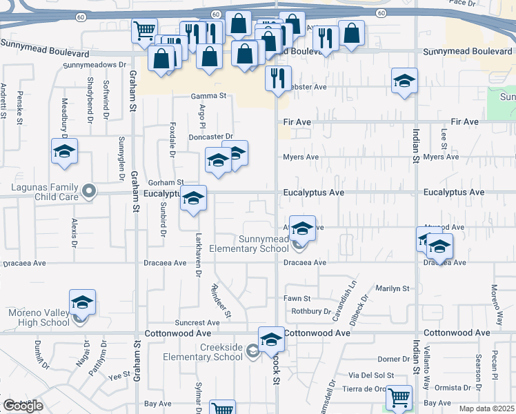 map of restaurants, bars, coffee shops, grocery stores, and more near 23925 Eucalyptus Avenue in Moreno Valley