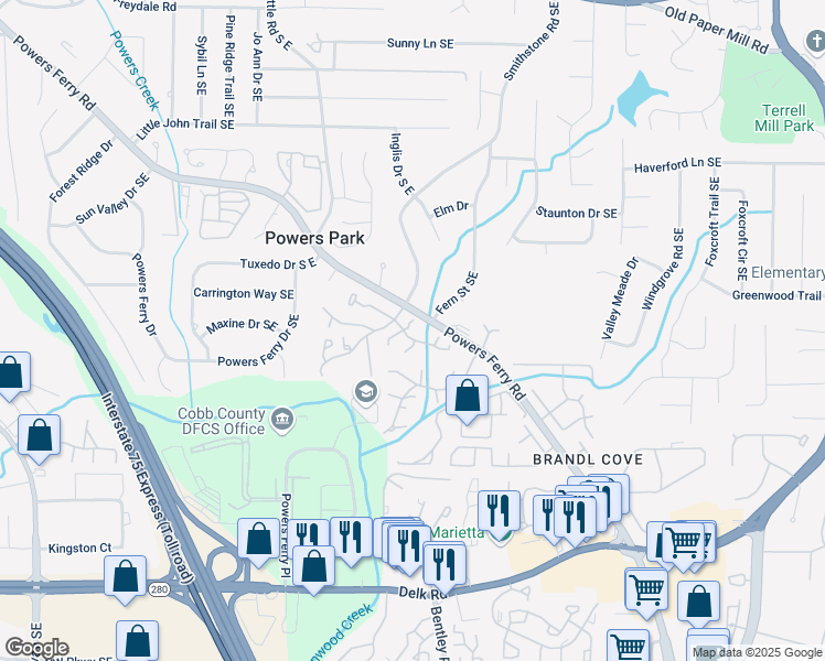 map of restaurants, bars, coffee shops, grocery stores, and more near 731 Hanover Lane Southeast in Marietta