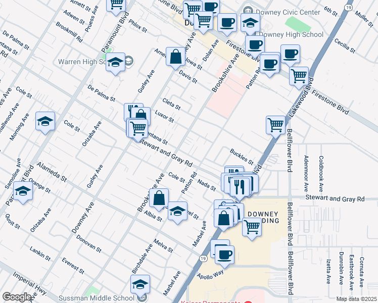 map of restaurants, bars, coffee shops, grocery stores, and more near 8521 Fontana Street in Downey