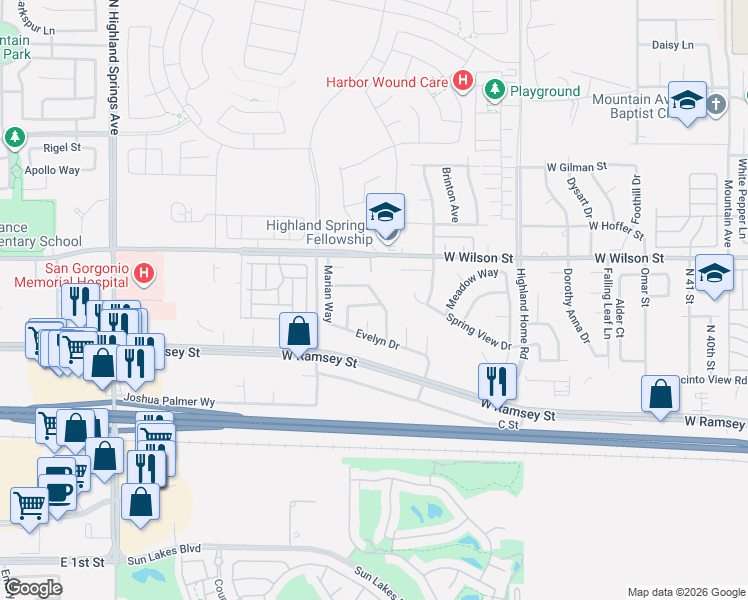 map of restaurants, bars, coffee shops, grocery stores, and more near 362 Beverly Drive in Banning