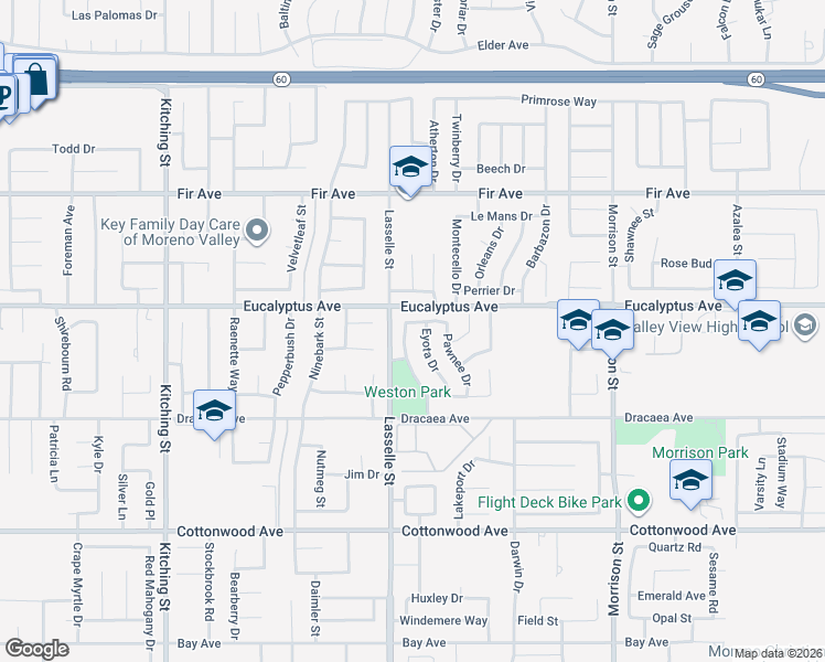 map of restaurants, bars, coffee shops, grocery stores, and more near 26020 Biloxi Drive in Moreno Valley