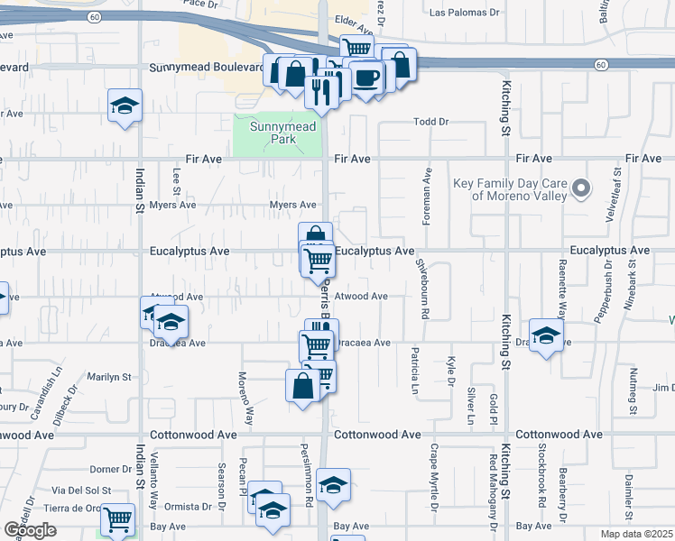 map of restaurants, bars, coffee shops, grocery stores, and more near 25061 Eucalyptus Avenue in Moreno Valley