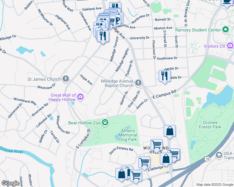 map of restaurants, bars, coffee shops, grocery stores, and more near 318 Parkway Drive in Athens