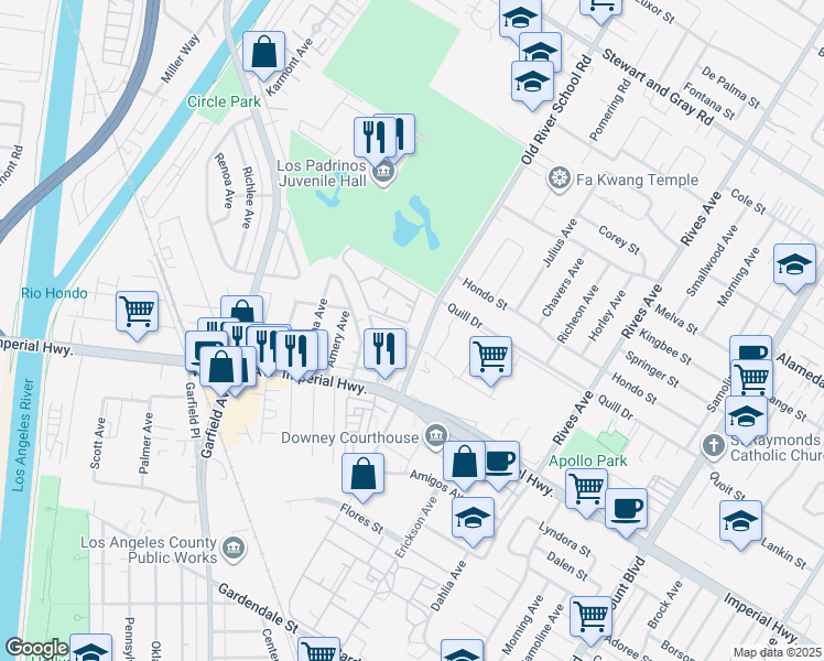 map of restaurants, bars, coffee shops, grocery stores, and more near 12501 Old River School Road in Downey