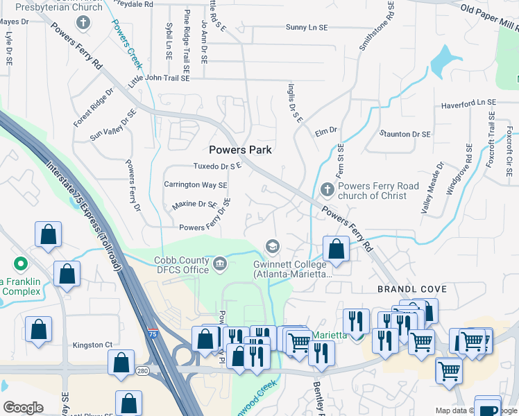 map of restaurants, bars, coffee shops, grocery stores, and more near 2151 Palmyra Drive in Marietta