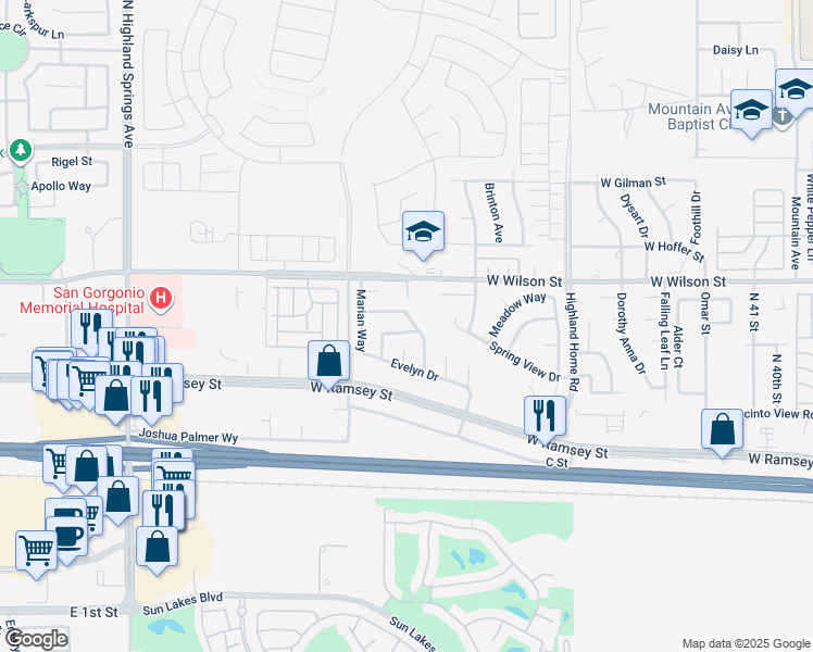 map of restaurants, bars, coffee shops, grocery stores, and more near 5387 Christy Way in Banning