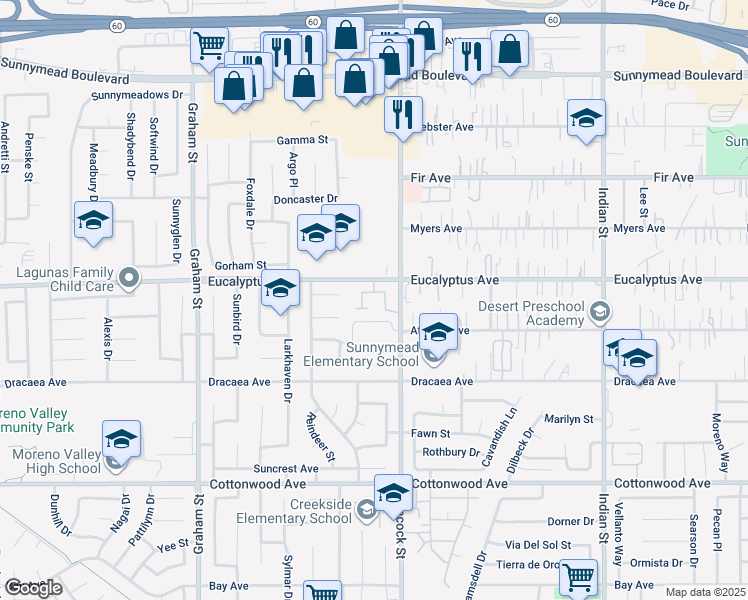 map of restaurants, bars, coffee shops, grocery stores, and more near 23967 Eucalyptus Avenue in Moreno Valley
