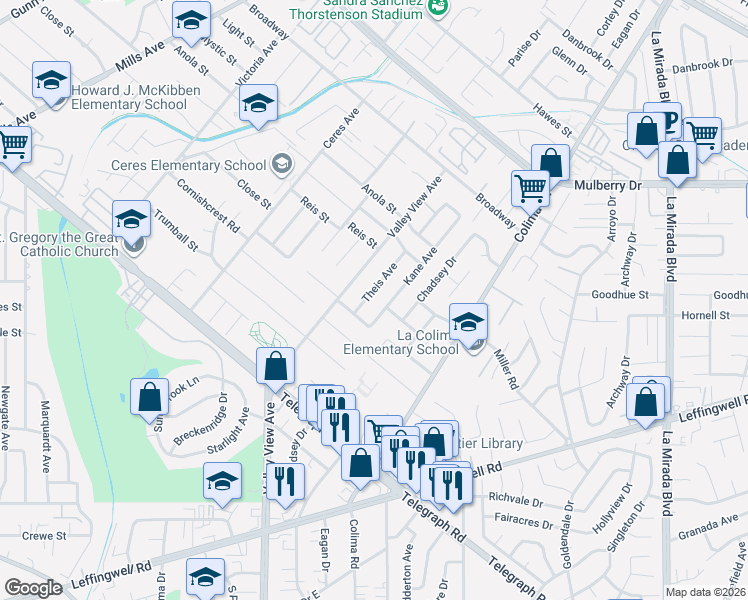 map of restaurants, bars, coffee shops, grocery stores, and more near 11020 Theis Avenue in Whittier