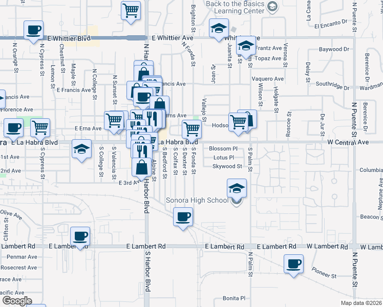 map of restaurants, bars, coffee shops, grocery stores, and more near 1400 East La Habra Boulevard in La Habra