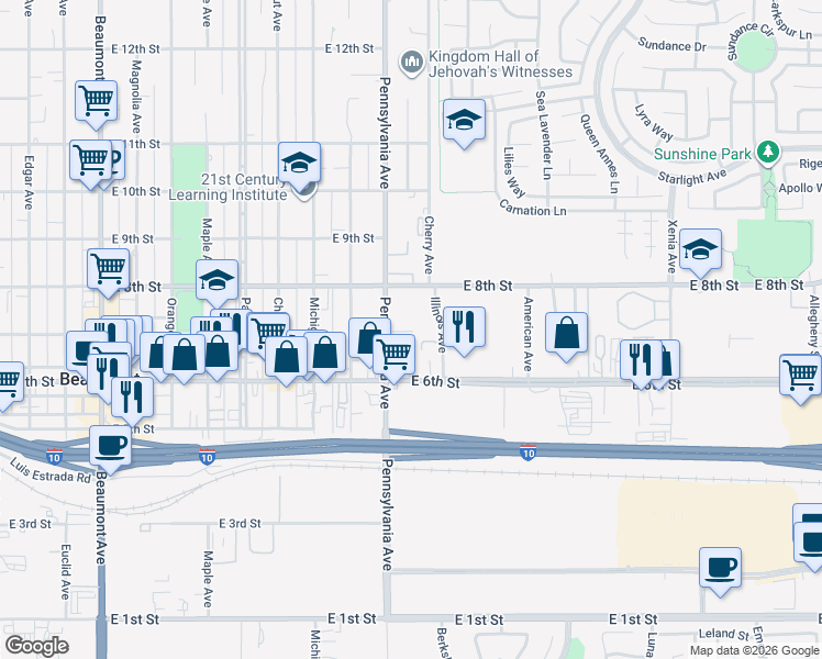 map of restaurants, bars, coffee shops, grocery stores, and more near 690 Pennsylvania Avenue in Beaumont