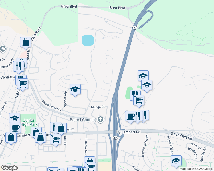 map of restaurants, bars, coffee shops, grocery stores, and more near 870 East Buchanan Court in Brea