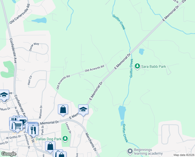map of restaurants, bars, coffee shops, grocery stores, and more near 395 Old Acworth Road in Dallas