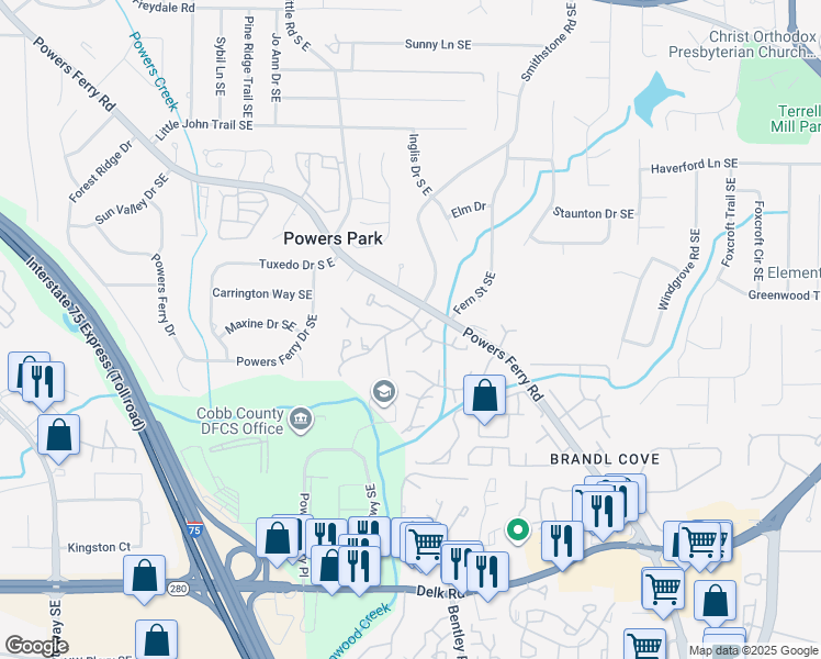 map of restaurants, bars, coffee shops, grocery stores, and more near 2087 Powers Ferry Trce Southeast in Marietta