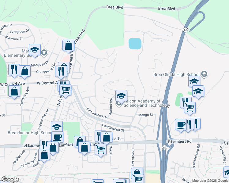 map of restaurants, bars, coffee shops, grocery stores, and more near 596 Bonita Canyon Way in Brea