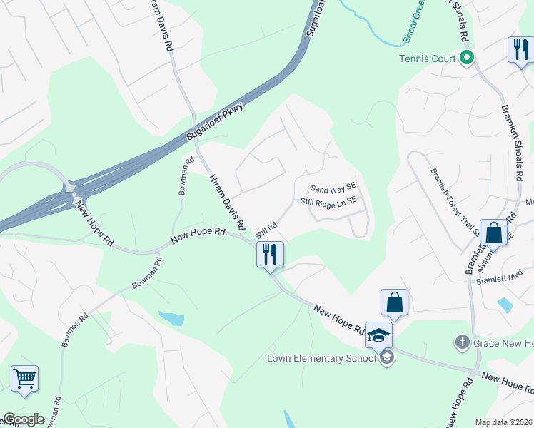 map of restaurants, bars, coffee shops, grocery stores, and more near 848 Still Road in Lawrenceville