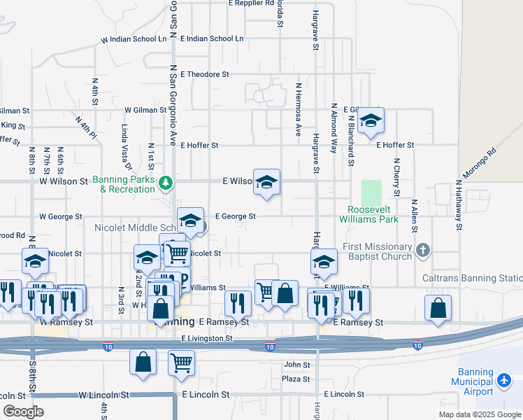 map of restaurants, bars, coffee shops, grocery stores, and more near 671 North Florida Street in Banning