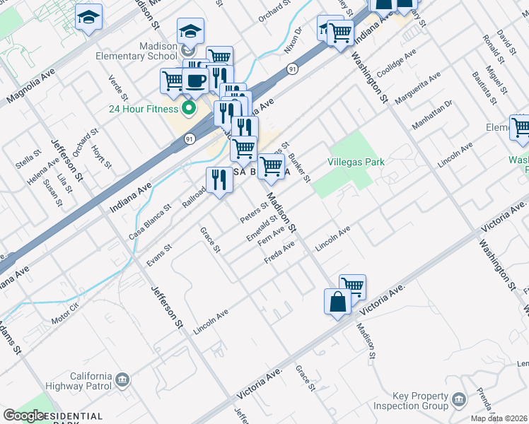 map of restaurants, bars, coffee shops, grocery stores, and more near 3105 Samuel Street in Riverside