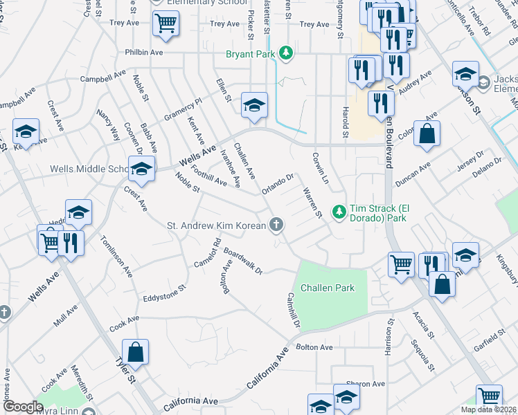 map of restaurants, bars, coffee shops, grocery stores, and more near 4960 Challen Avenue in Riverside