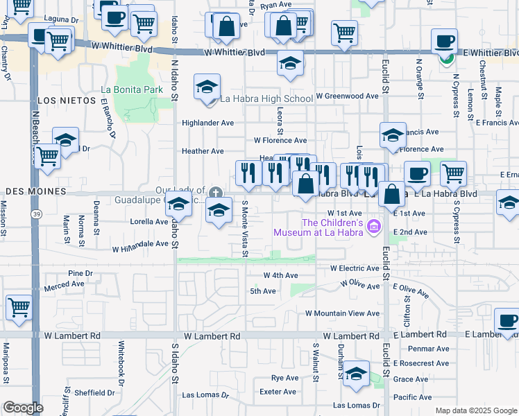 map of restaurants, bars, coffee shops, grocery stores, and more near 744 West La Habra Boulevard in La Habra