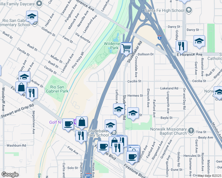 map of restaurants, bars, coffee shops, grocery stores, and more near 10919 Lakeland Road in Norwalk
