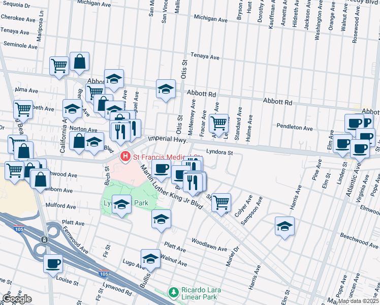 map of restaurants, bars, coffee shops, grocery stores, and more near 11032 Carson Drive in Lynwood