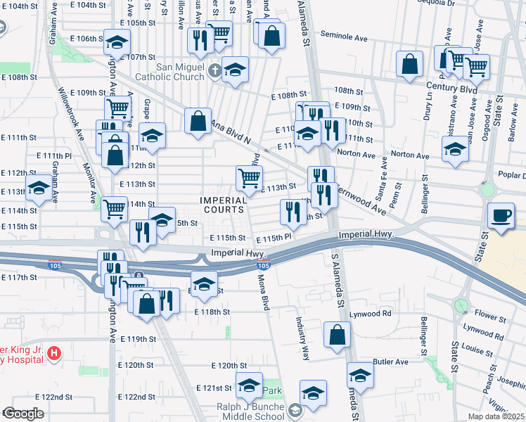 map of restaurants, bars, coffee shops, grocery stores, and more near 2419 East 114th Street in Los Angeles