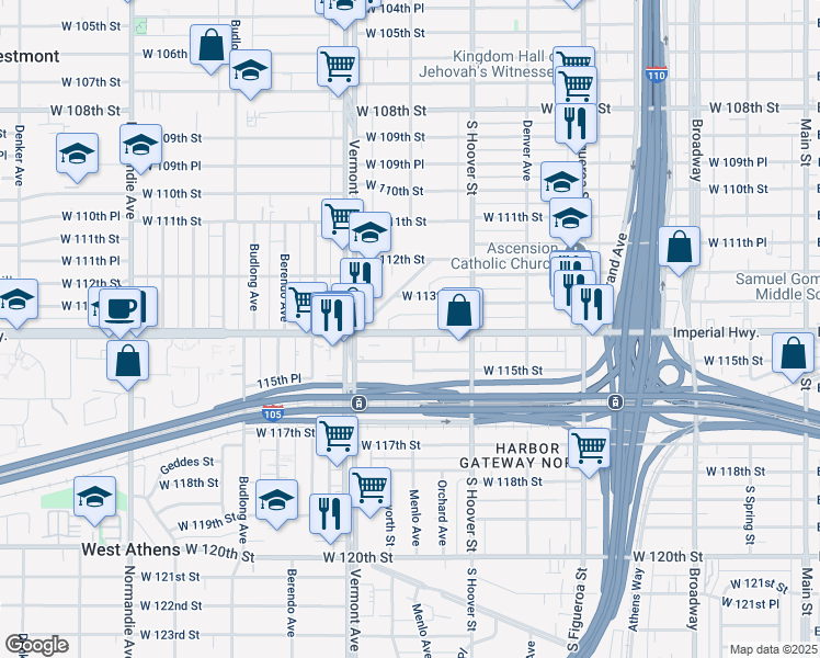 map of restaurants, bars, coffee shops, grocery stores, and more near 11314 Southwest Boulevard in Los Angeles