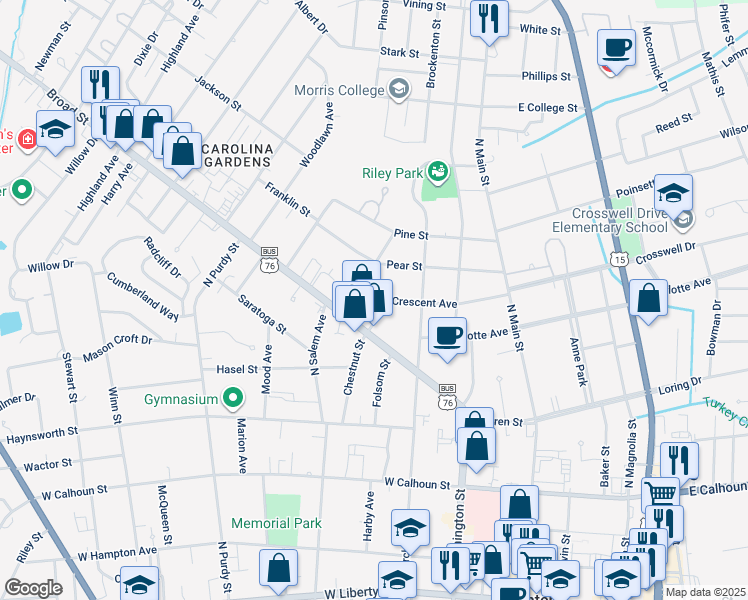 map of restaurants, bars, coffee shops, grocery stores, and more near 3 Peach Street in Sumter