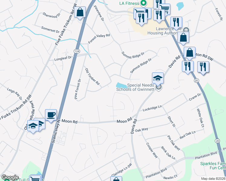map of restaurants, bars, coffee shops, grocery stores, and more near 352 Maple Wood Drive in Lawrenceville