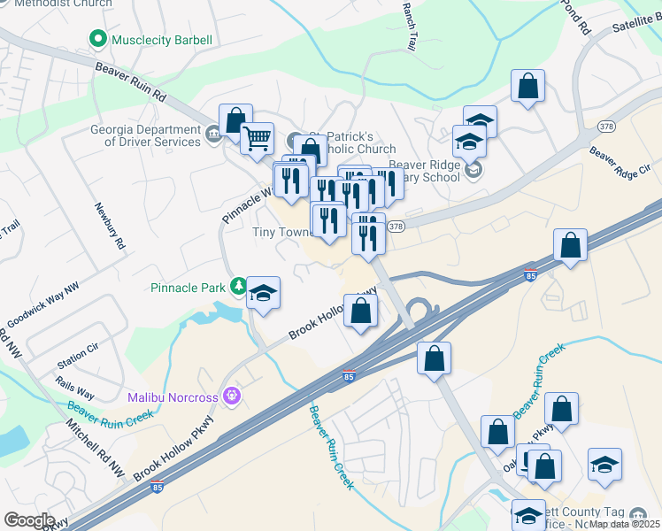 map of restaurants, bars, coffee shops, grocery stores, and more near 2055 Beaver Ruin Road in Norcross