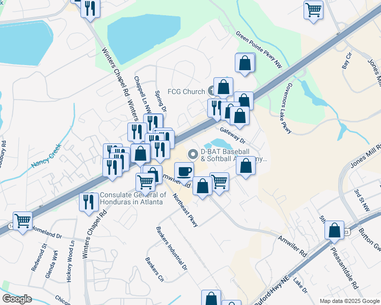 map of restaurants, bars, coffee shops, grocery stores, and more near 7078 Peachtree Industrial Boulevard in Norcross