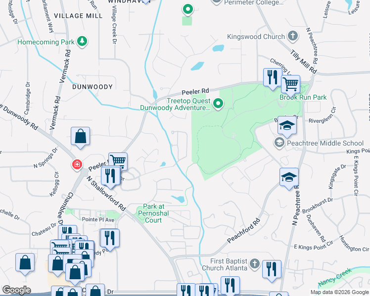 map of restaurants, bars, coffee shops, grocery stores, and more near 4589 Village Drive in Dunwoody