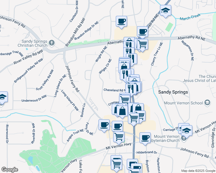 map of restaurants, bars, coffee shops, grocery stores, and more near 124 Chaseland Road Northeast in Atlanta