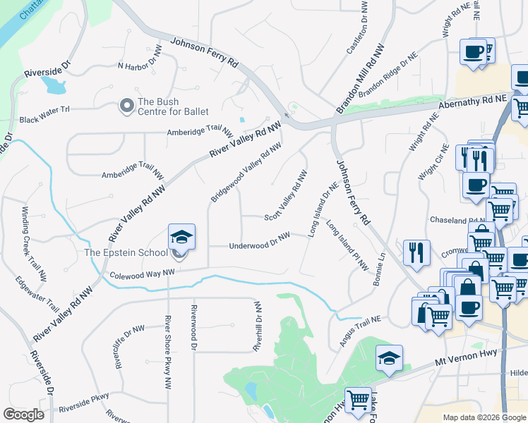 map of restaurants, bars, coffee shops, grocery stores, and more near 6440 Scott Valley Road Northwest in Atlanta