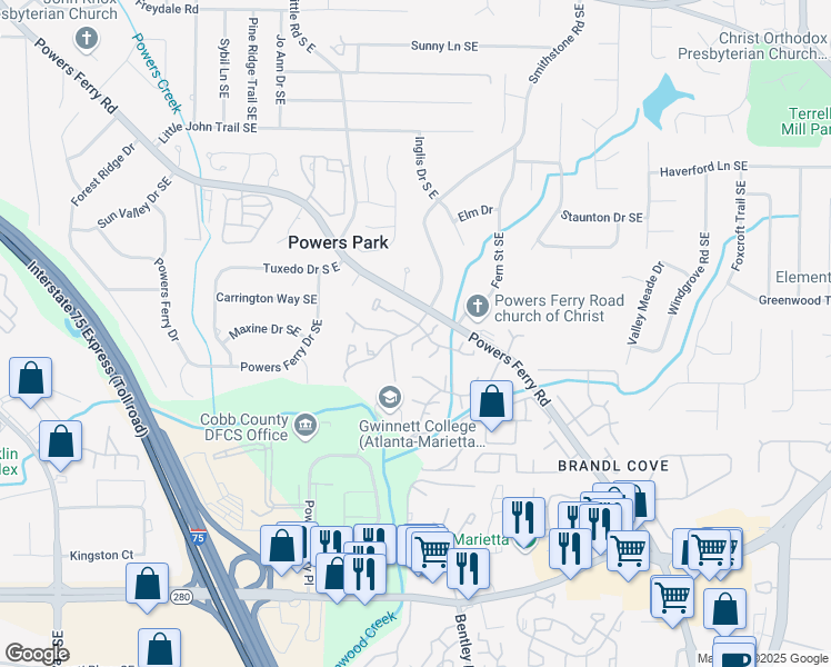 map of restaurants, bars, coffee shops, grocery stores, and more near 2087 Powers Ferry Trce Southeast in Marietta