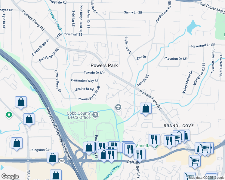 map of restaurants, bars, coffee shops, grocery stores, and more near 2151 Palmyra Drive in Marietta