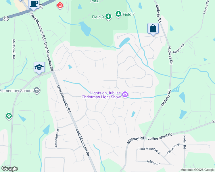 map of restaurants, bars, coffee shops, grocery stores, and more near 4813 Scarlet Oak Wk Southwest in Powder Springs