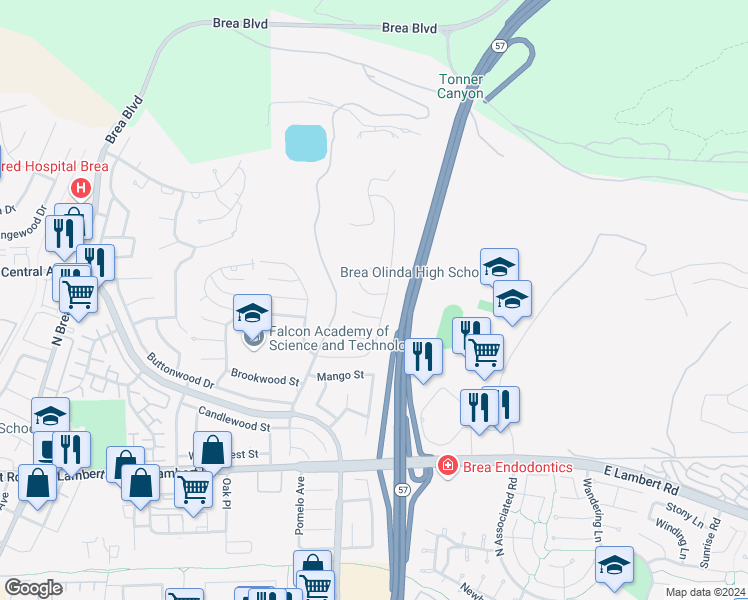 map of restaurants, bars, coffee shops, grocery stores, and more near 870 East Buchanan Court in Brea