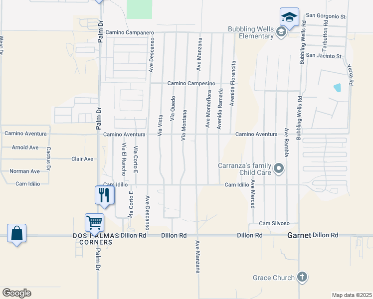 map of restaurants, bars, coffee shops, grocery stores, and more near 16150 Vía Montana in Desert Hot Springs
