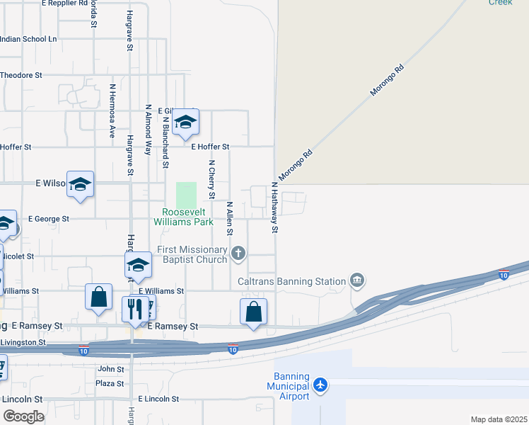 map of restaurants, bars, coffee shops, grocery stores, and more near 555 North Hathaway Street in Banning