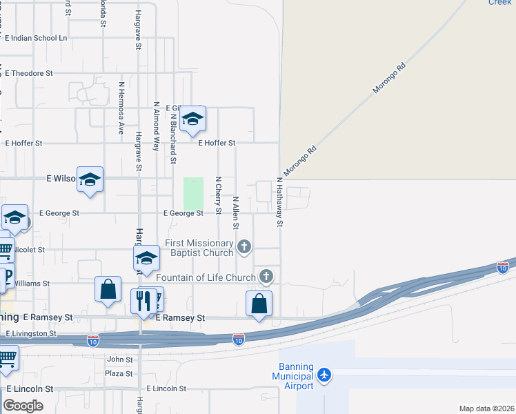 map of restaurants, bars, coffee shops, grocery stores, and more near 1469 East George Street in Banning