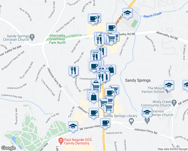 map of restaurants, bars, coffee shops, grocery stores, and more near 6450 Roswell Road Northeast in Sandy Springs