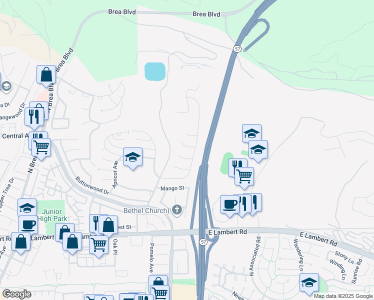 map of restaurants, bars, coffee shops, grocery stores, and more near 864 East Buchanan Court in Brea